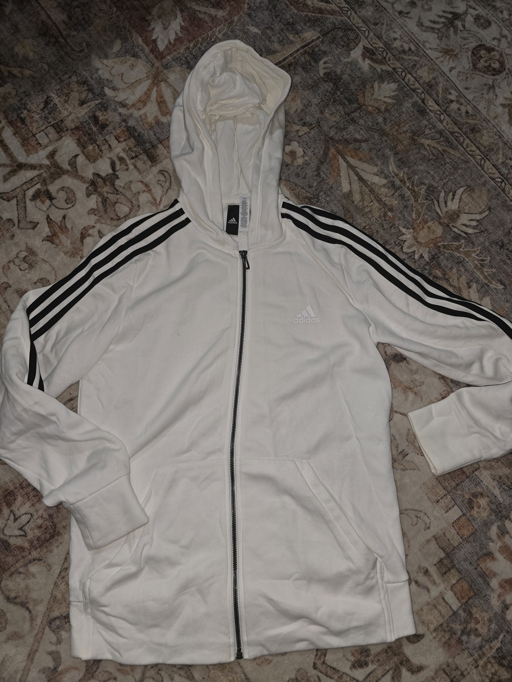 adidas White Hooded Zip-Up Jacket with Black Shoulder Stripes